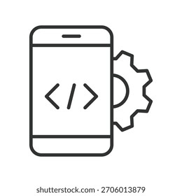 Desenvolvimento de aplicativo ícone de smartphone em design de linha. desenvolvimento de aplicativo, codificação, criação de software, programação de smartphone, ferramenta de desenvolvimento, símbolo de código, engenharia móvel, construção digital em branco