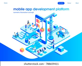 App Development And Startup Concept. Launch A New Product On A Market. Landing Page Template. 3d Vector Isometric Illustration.