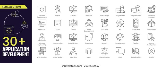 App Development Stroke-Symbolsammlungen. Enthaltend Software-Entwicklung, Forschung, Web-Design, Programmierer, Entwickler, Programmierung, API, App und Software Engineering Symbole. Symbolsammlung für bearbeitbare Striche.