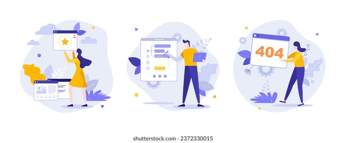  App development and support flat concept vector illustrations set. UI design strategy for application cartoon composition. Social media pages service creative idea for website, presentation