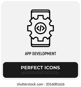 App development thin line icon, smartphone with cogwheel and coding sign. Modern vector illustration.