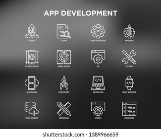 App development thin line icons set: writing code, multitasking, smart watch app, engineering, updates, cloud database, testing, speed optimization, API, mobile syncing. Modern vector illustration.