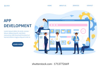 App development with various coders or developers in discussion in front of a laptop screen and mobile phone, colored vector illustration with copy space