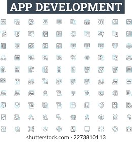 Conjunto de iconos de línea vectorial de desarrollo de aplicaciones. aplicación, desarrollo, diseño, móvil, software, codificación, ilustración de desarrollo, símbolos y signos de concepto de esquema de esquema