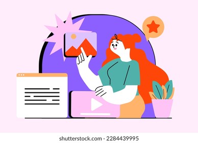 El desarrollo de aplicaciones despierta un alto concepto con la escena de la gente en el estilo de dibujos animados planos. Woman trabaja en el desarrollo de aplicaciones móviles. Ilustración vectorial.