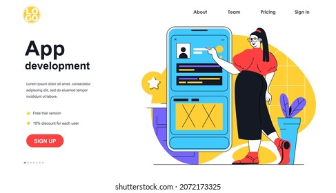 App development web banner concept. Woman developer creates and optimizes interface of smartphone application, programming landing page template. Vector illustration with people scene in flat design