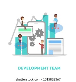 App development web banner. Support and development team. Modern technology and smartphone. Isolated flat vector illustration