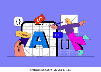 App development web concept with character scene. Woman developer programming, coding and creating software and ui layout. People situation in flat design. Vector illustration for marketing material.