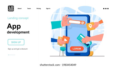 App development web concept. Developers create application interface, menu and service buttons. Template of people scenes. Vector illustration with character activities in flat design for website