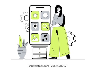 App development web concept with flat cartoon people for website design. Woman creating mobile interface layout with app buttons, places graphic elements and making settings. Vector illustration.