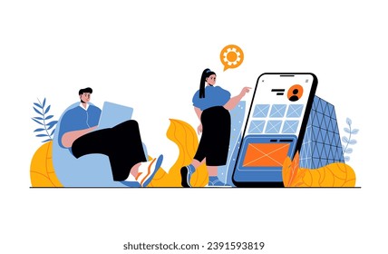 App development web concept with people in flat cartoon design. Man and woman creating and engineering user interface of mobile screen. Vector illustration for social media banner, marketing material.