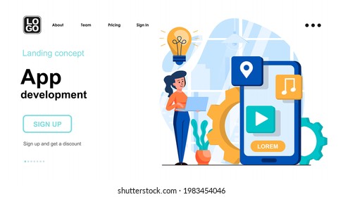 App development web concept. Woman developer creates mobile application or program interface. Template of people scenes. Vector illustration with character activities in flat design for website