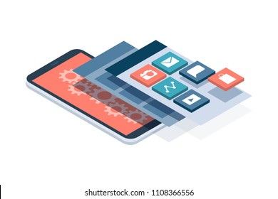 App development and web design: layered user interfaces and screens on a touch screen smartphone