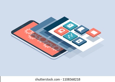 App development and web design: layered user interfaces and screens on a touch screen smartphone