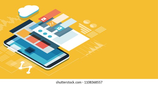 App development and web design: layered user interfaces and screens on a touch screen smartphone