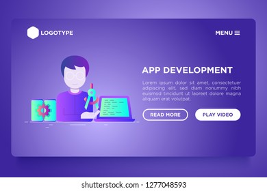 App development web page template: developer coding on laptop. Flat gradient icons. Modern vector illustration.