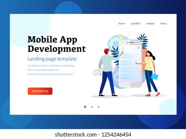 App Development for website and mobile website concept.  UI/UX Design. Landing page template. Easy to edit and customize. Vector illustration with character design. Hero image, banner, poster 