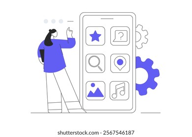 App development. Woman creating mobile interface layout with app buttons, places graphic elements and making settings. Flat Cartoon Vector Illustration, icon. Stylish abstract