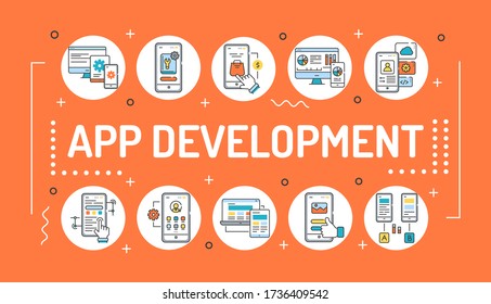 App development word lettering typography. Infographics with linear icons on orange background. Creative idea concept. Isolated outline color illustration