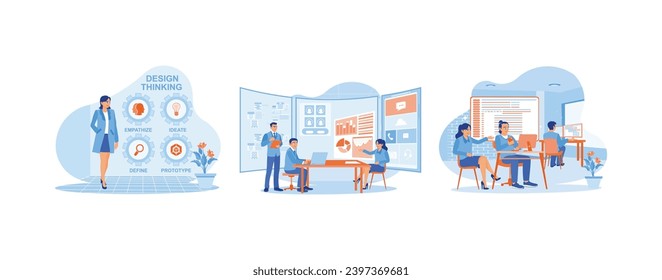 APP devs concept. Develop UI and UX designs for mobile applications. Brainstorm UI and UX design. Discuss with the senior development team. set trend modern vector flat illustration