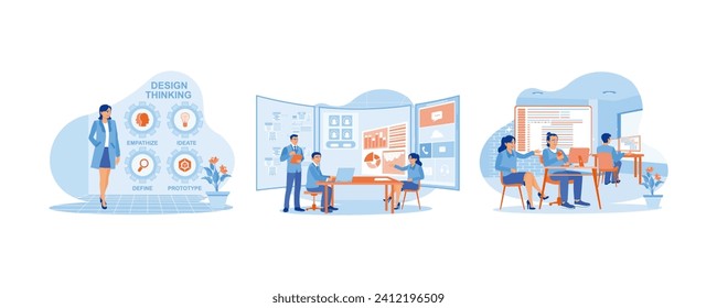 APP devs concept. Develop UI and UX designs for mobile applications. Brainstorm UI and UX design. Discuss with the senior development team. set flat vector modern illustration 