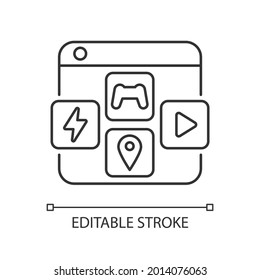 App distribution platforms linear icon. Applications for mobile devices. Promoting app usage. Thin line customizable illustration. Contour symbol. Vector isolated outline drawing. Editable stroke