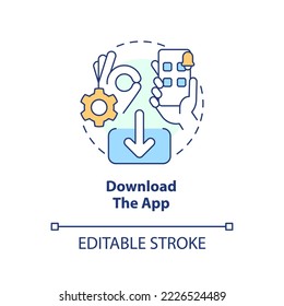 Das Symbol für das Download-Konzept der App. Web-Brieftasche. Bankverbindung an Bord. Installieren Sie die abstrakte Idee in der dünnen Linie Illustration der Anwendung. Einzeln Umrisszeichnung. Bearbeitbarer Strich. Arial, Myriad Pro Fett Schriftarten verwendet