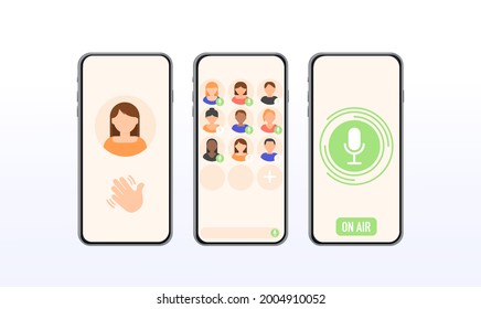 App drop-in audio chat interface. Application template. New social network for communication via audio messages. Concept web design, website page development. Digital communication. Web banner
