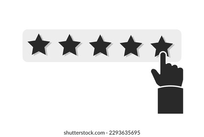 
Ilustración vectorial de evaluación de aplicaciones en fondo blanco. Un estilo moderno y plano. Hand da calificación de 5 estrellas, persona deja revisión, buena calificación alta, muy satisfecho cliente
