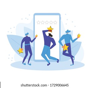 App feedback concept. Client giving a good grade. Three characters standing near huge phone and holding stars in hands. Service rating. Satisfaction level. Consumer product review Vector illustration.