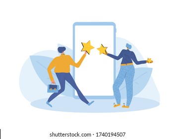 App feedback concept. Client giving a good grade. Two characters standing near huge phone and holding stars in hands. Service rating. Satisfaction level. Consumer product review Vector illustration.