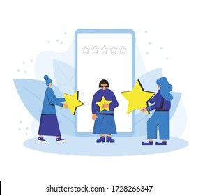 App feedback concept. Clients giving a good grade. Three female characters standing near huge phone and holding stars in their hands. Service rating. Consumer product review Vector flat illustration.