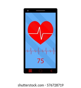 App heart rate monitor on phone. Technology smartphone, health gadget, vector illustration