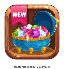 App icon with blue casket of gems. Vector asset for game or web design.