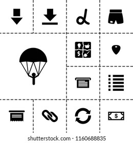 App icon. collection of 13 app filled icons such as money, document, alpha, parachute, arrow down, reload, sport shorts, marketing. editable app icons for web and mobile.