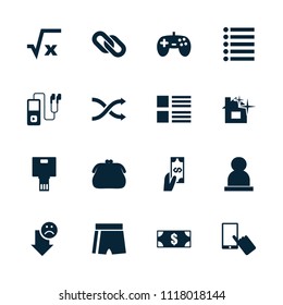 App icon. collection of 16 app filled icons such as finger on display, money, menu, purse, square root, joystick, camera, sport shorts. editable app icons for web and mobile.