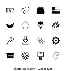 App icon. collection of 16 app filled and outline icons such as document, parachute, money, clean house, arrow, download, play in gear. editable app icons for web and mobile.