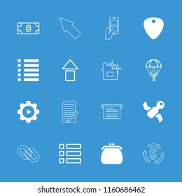 App icon. collection of 16 app filled and outline icons such as money, satellite, parachute, arrow up, menu, purse, guitar mediator. editable app icons for web and mobile.