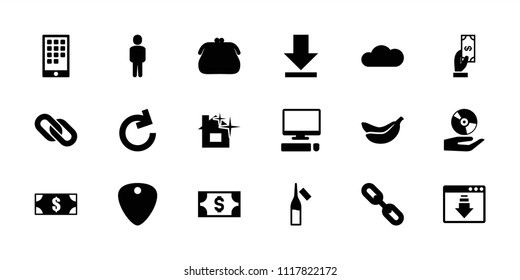 App icon. collection of 18 app filled icons such as payment, money, purse, ampoule, download, reload, link, cloud, calendar on phone. editable app icons for web and mobile.