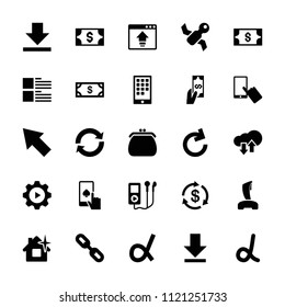 App icon. collection of 25 app filled icons such as money, finger on display, clean house, alpha, download, reload, link. editable app icons for web and mobile.