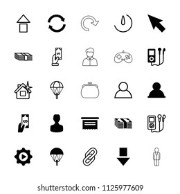 App icon. collection of 25 app filled and outline icons such as pointer, document, user, parachute, play in gear, payment, clean house. editable app icons for web and mobile.