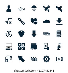 App icon. collection of 25 app filled icons such as payment, money, square root, parachute, guitar mediator, play in gear, cloud, user. editable app icons for web and mobile.
