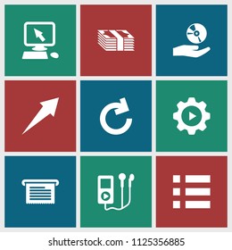 App icon. collection of 9 app filled icons such as pointer on display, cd on hand, reload, menu, mp3 player, arrow, money, document. editable app icons for web and mobile.