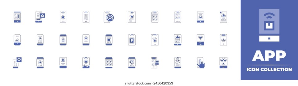 App icon collection. Duotone style line stroke and bold. Vector illustration. Containing star, mobile, health service, food delivery, design, health, app, menstrual, food.