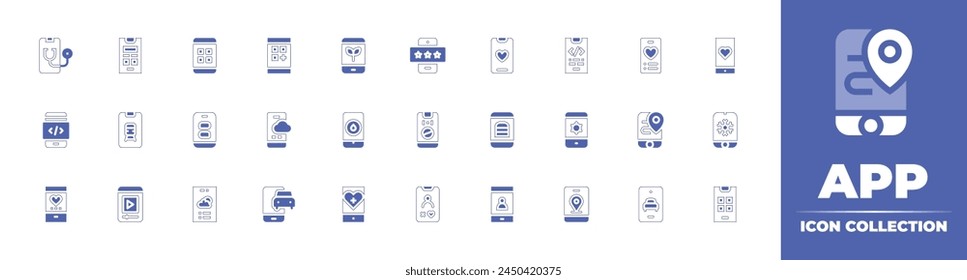 colección de iconos de App. Trazo de línea de estilo duotono y negrita. Ilustración vectorial. Contiene App móvil, calificación, aplicación, menú, rueda dentada, teléfono inteligente, usuario, estructura metálica, teléfono móvil, App médico, App.