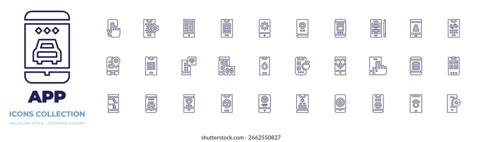 App icon collection. Line style. Editable stroke. app, coding, apps, health service, location, app development, user, wireframe, prototype, design.