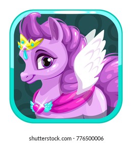 App icon with cute cartoon fairy pony inside the glossy frame. Vector template for game logo design.