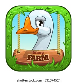 App icon with cute cartoon funny goose head. Farm game application store logo. Vector childish illustration.