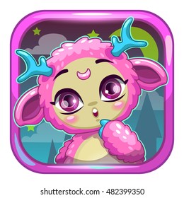 App icon with cute pink fluffy monster on the night background. Application store logo. Vector cartoon element for game or web design