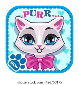 App icon with cute white cat face, vector asset for web or game design, game application store element